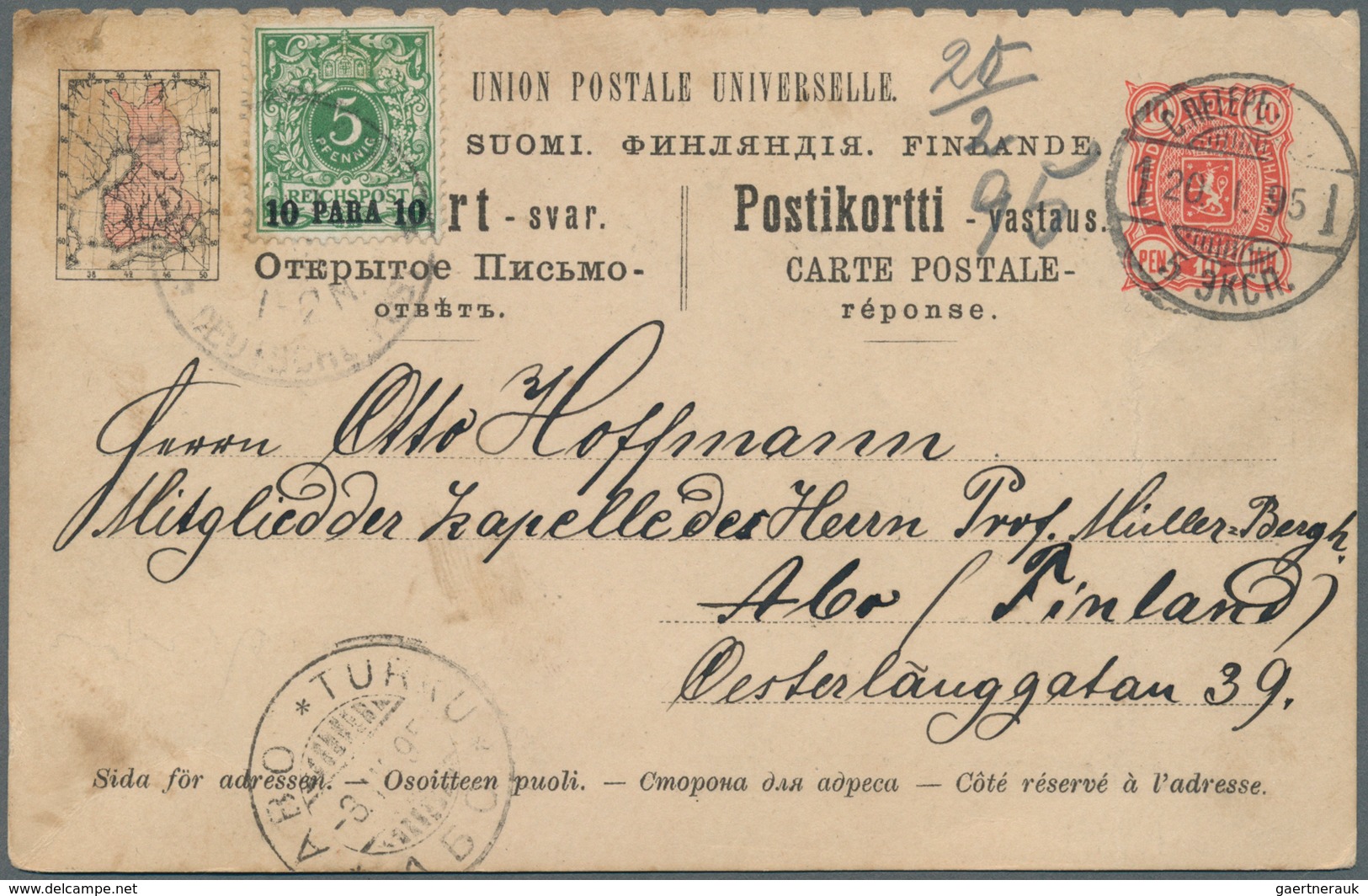 Deutsche Post In Der Türkei: 1895 Antwortteil Einer Finnischen Doppelganzsachenkarte 10 P./10 P. Mit - Turchia (uffici)