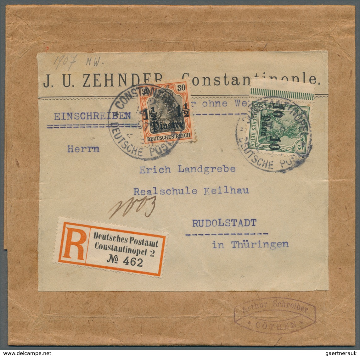 Deutsche Post In Der Türkei: 1907 (14.6.), 10 Para + 1 1/2 Piaster Auf Komplettem Adressteil (mit Ve - Turchia (uffici)
