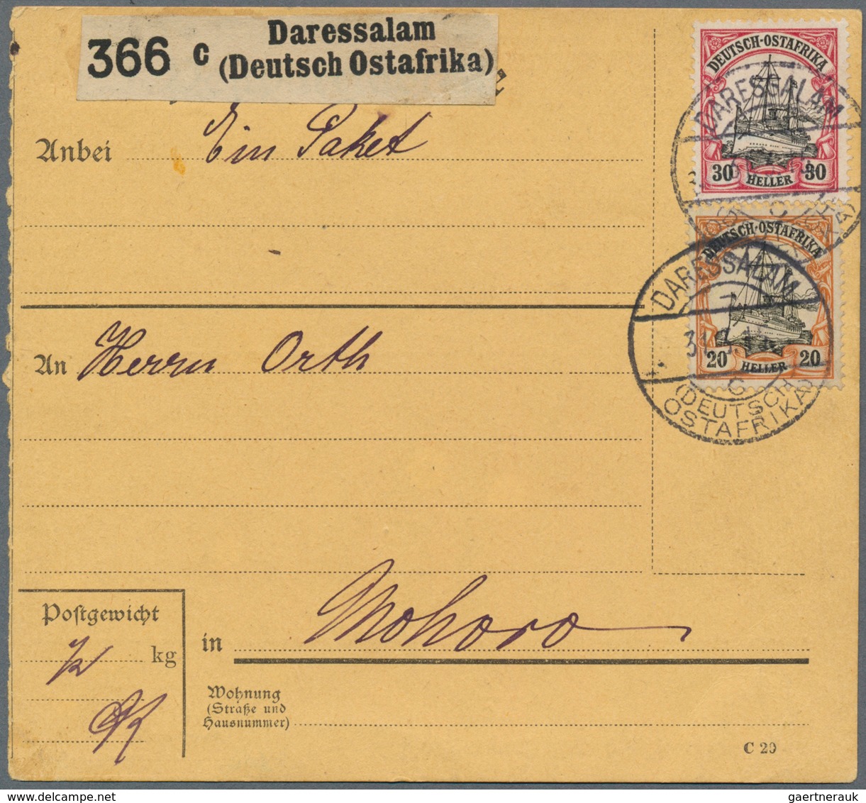 Deutsch-Ostafrika: 1915 Kaiseryacht 20 H Und 30 H Mit WZ Auf Inlandspaketkarte Von "DARESSALAM DOA 3 - Africa Orientale Tedesca