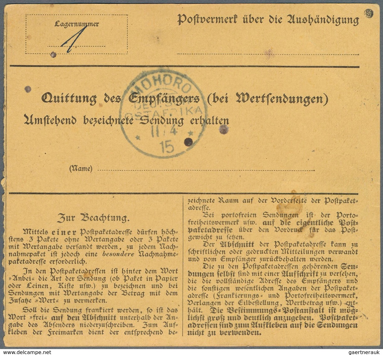 Deutsch-Ostafrika: 1915 Kaiseryacht 20 H Und 30 H Mit WZ Auf Inlandspaketkarte Von "DARESSALAM DOA 3 - German East Africa