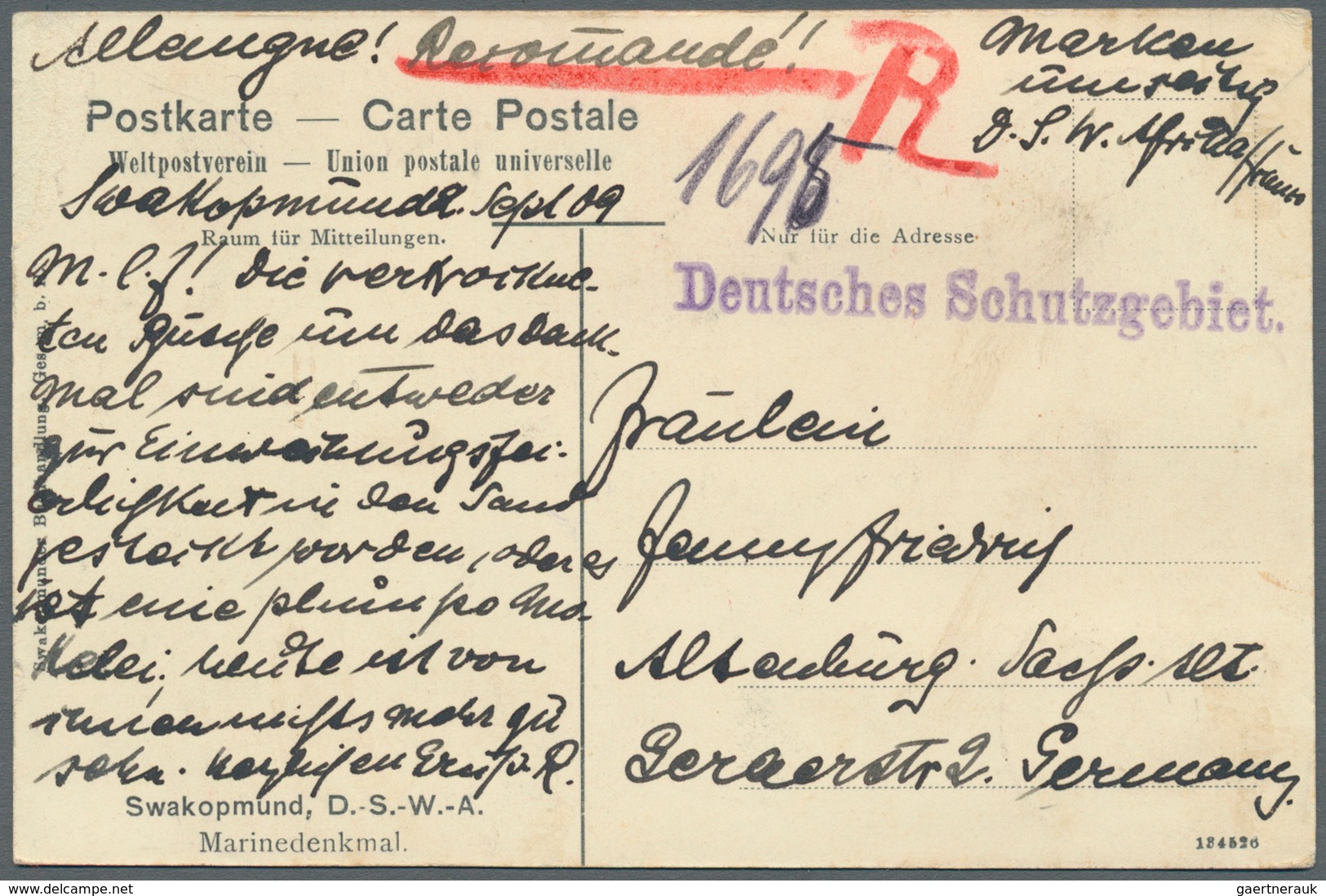 Deutsch-Südwestafrika - Besonderheiten: 1909 "Deutsche Seepost, Ostafrikanische Hauptlinie 22.9.09" - Africa Tedesca Del Sud-Ovest