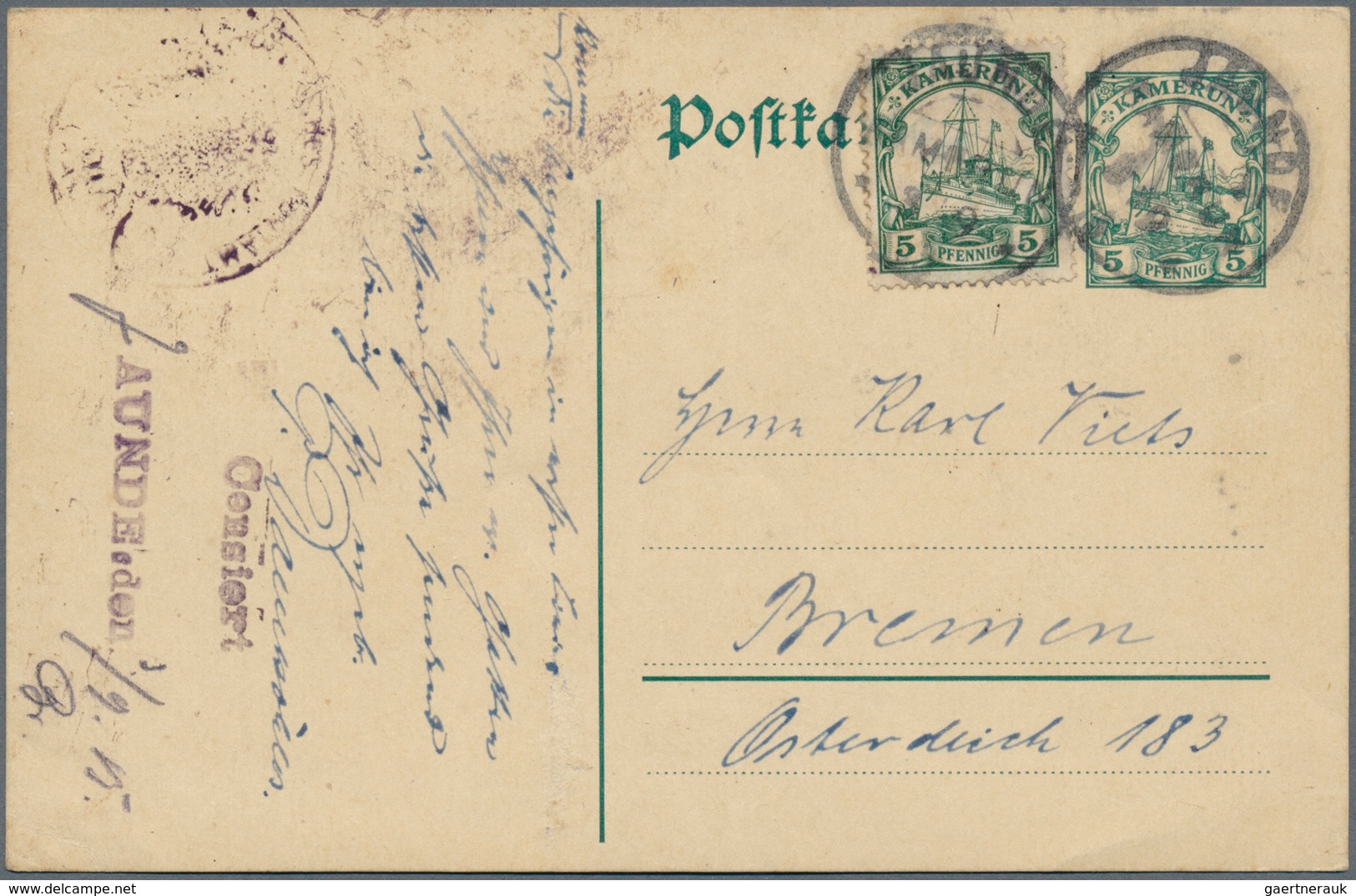 Deutsche Kolonien - Kamerun - Besonderheiten: 1915 (3.9.), Violetter Gummi-Typensatz-Stempel "Censie - Cameroun
