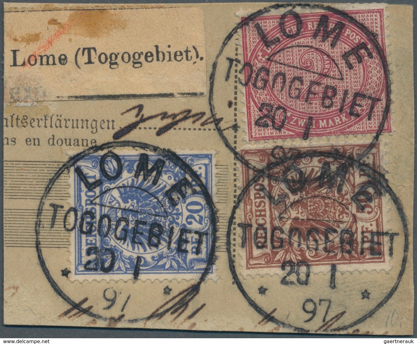 Deutsche Kolonien - Togo-Vorläufer: 1897, 2 M. Dkl'rotkarmin Zusammen Mit 20 Und 50 Pfg. Krone/Adler - Togo