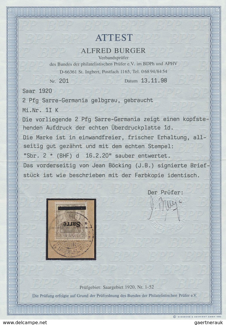 Deutsche Abstimmungsgebiete: Saargebiet: 1920; Germania 2 Pf. Mit Kopfstehendem Aufdruck Auf Briefst - Storia Postale