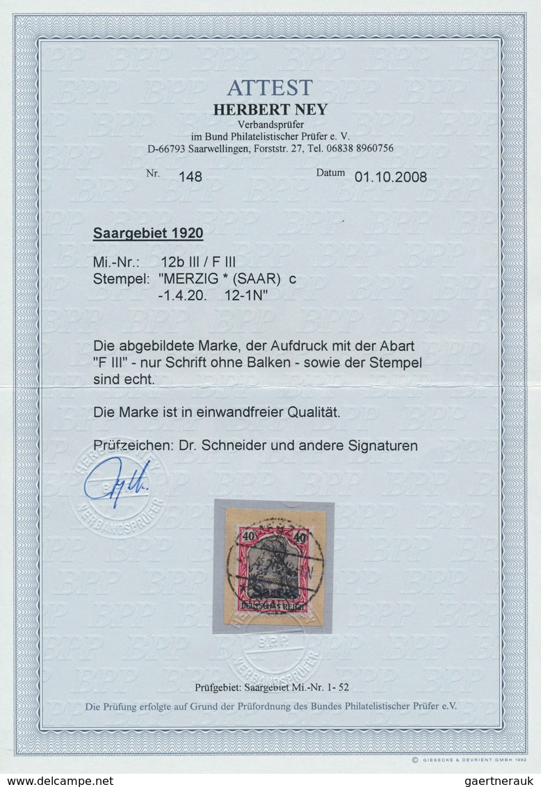 Deutsche Abstimmungsgebiete: Saargebiet: 1920, Germania 40 Pf., Der Aufdruck Mit ABART "nur Schrift - Storia Postale