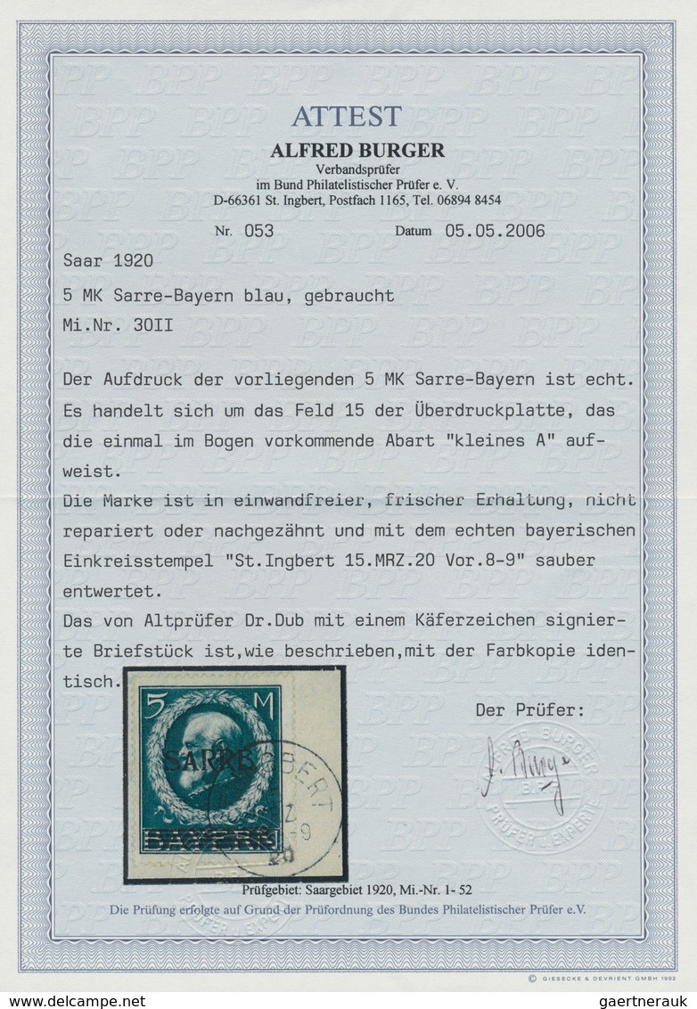 Deutsche Abstimmungsgebiete: Saargebiet: 1920, 5 Mark Blau, Sarre-Bayern Mit AUFDRUCK-ABART: „Kleine - Storia Postale