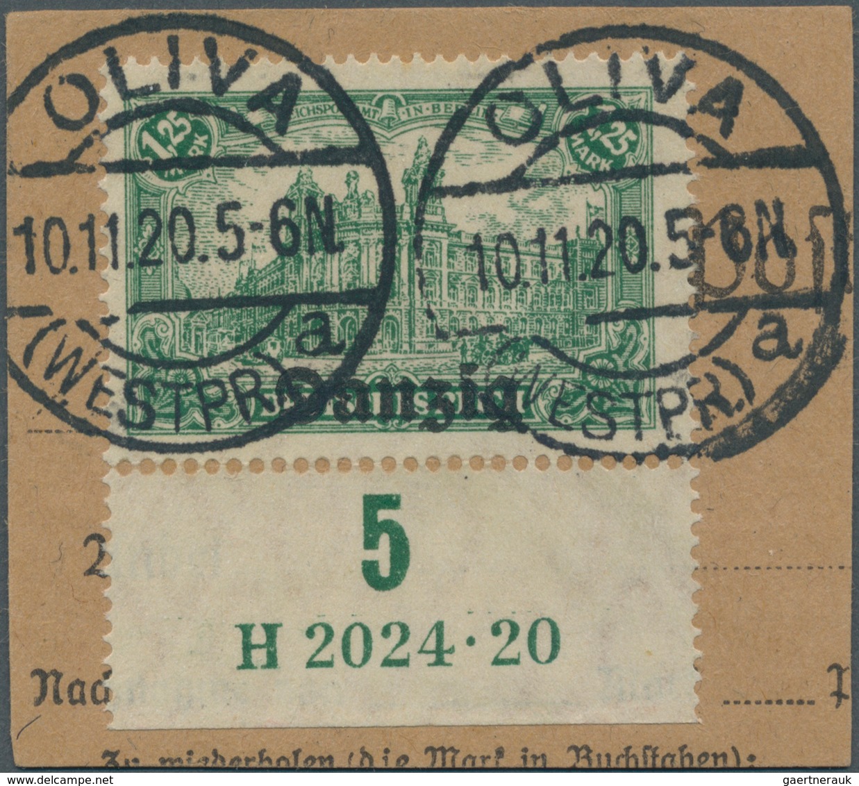 Danzig: 1920, 1,25 M. Dunkelbläulichgrün, Unterrandstück Mit HAN "H 2024.20" Auf Paketkartenbriefstü - Altri & Non Classificati