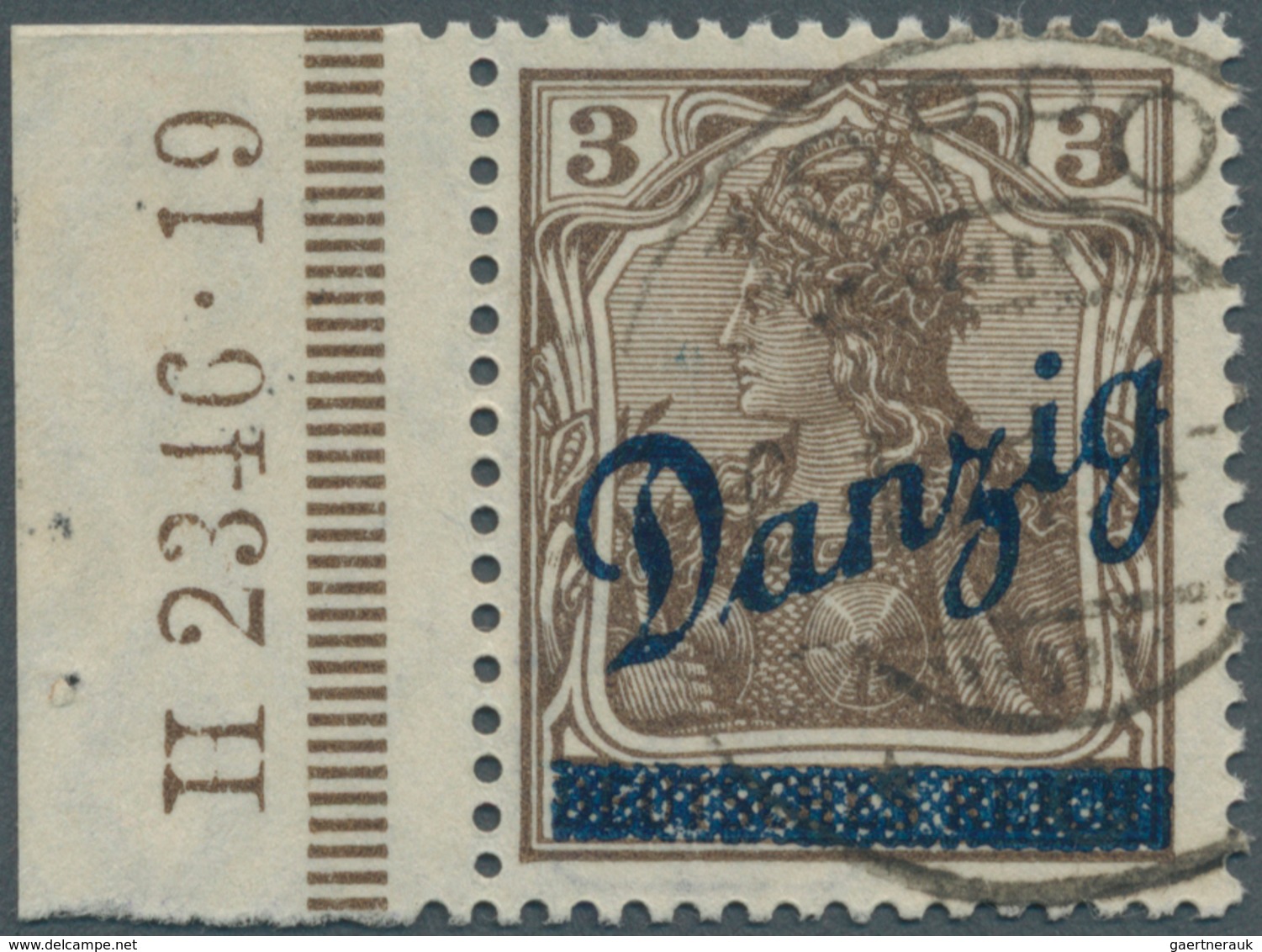 Danzig: 1920, 3 Pfg. "kleiner Innendienst", Randstück Mit HAN "H 2346.19", Sauber Gestempelt, Tadell - Altri & Non Classificati