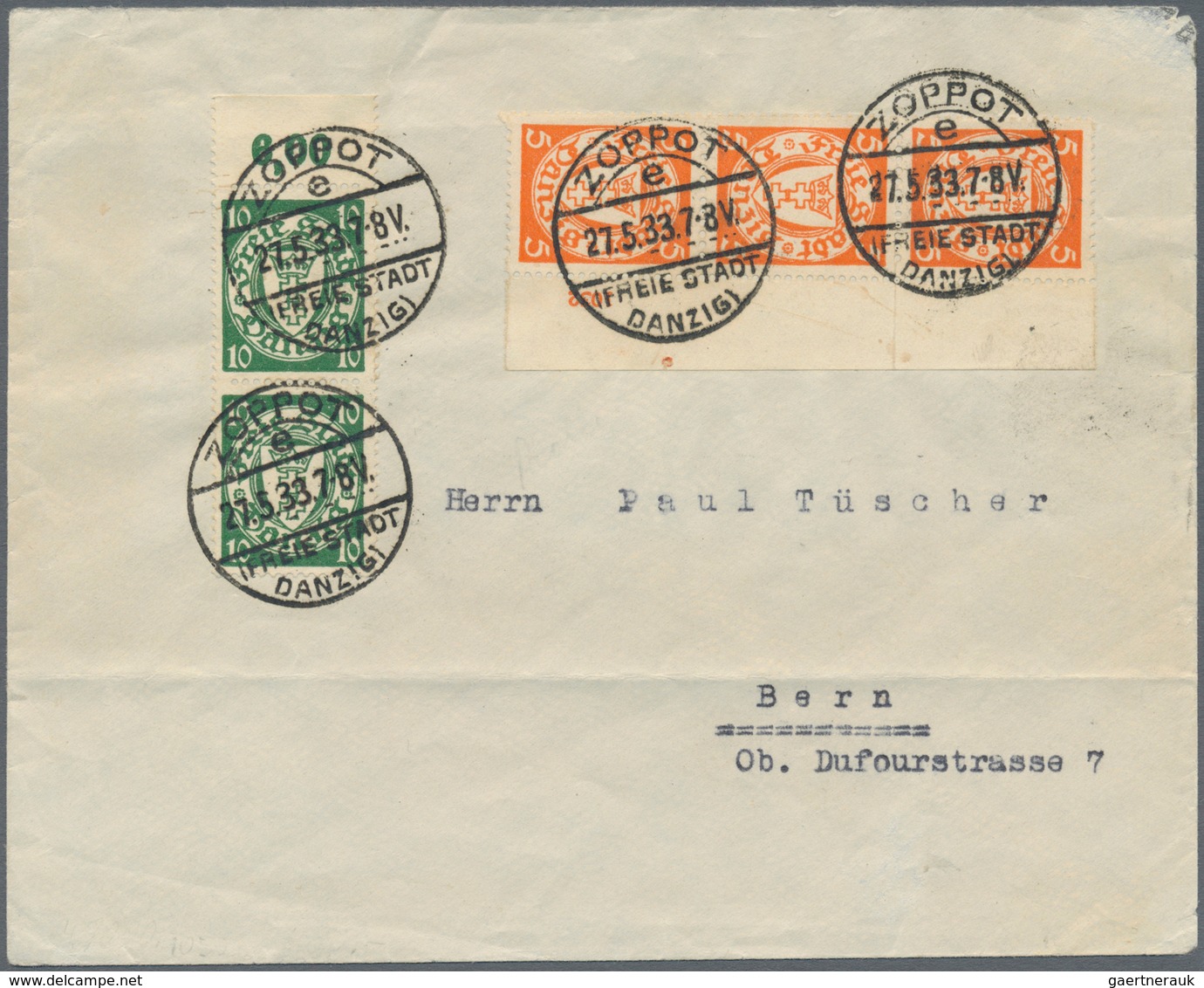 Danzig: 1932, 5 Pfg. Rollenmarke Auf X-Papier Im Senkrechten 3er-Streifen Vom Rechten Bogenrand Mit - Other & Unclassified