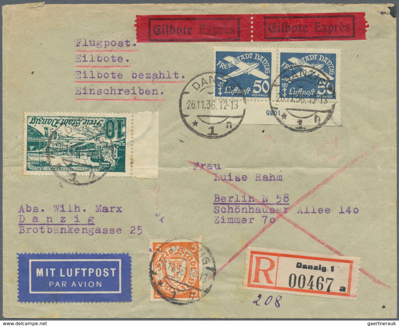 Danzig: 1935, 50 Pfg. Flugpost Im Unterrandpaar Mit HAN "1035" Und Zufrankatur Auf R-Eilboten-Luftpo - Altri & Non Classificati