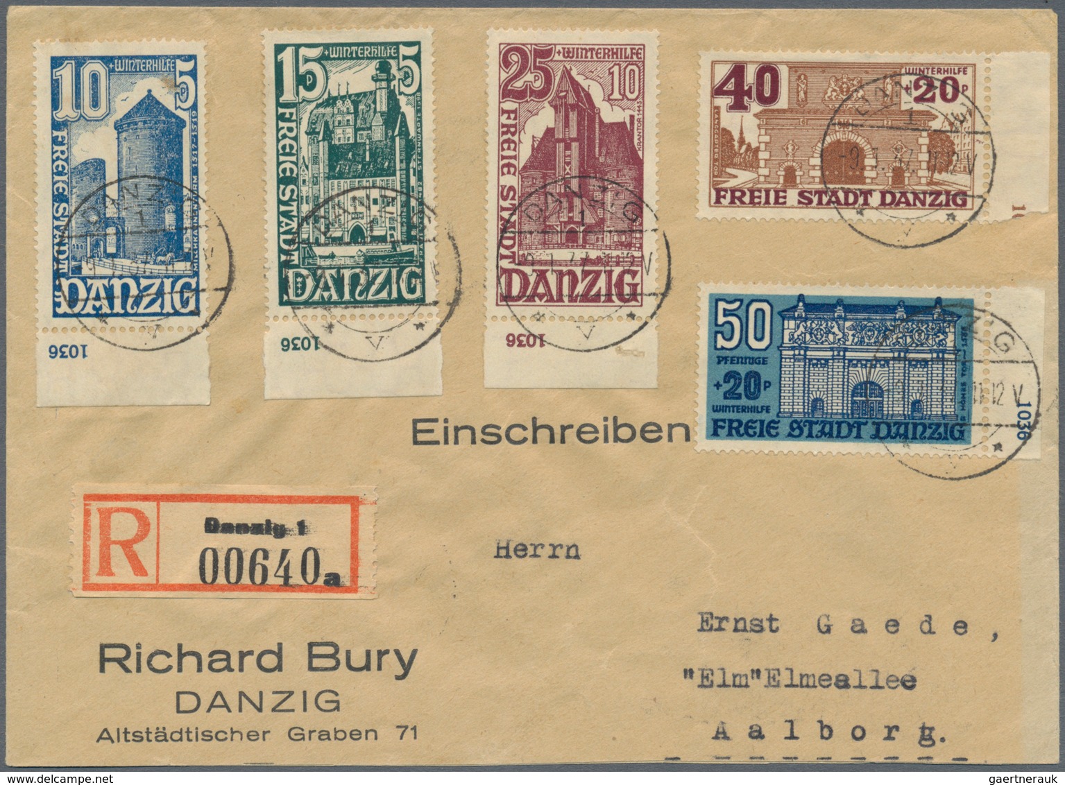 Danzig: 1936, 10 Pfg. - 50 Pfg. WHW Komplett Auf R-Brief Aus "DANZIG 9.1.37" Nach Aalborg, Dänemark - Altri & Non Classificati