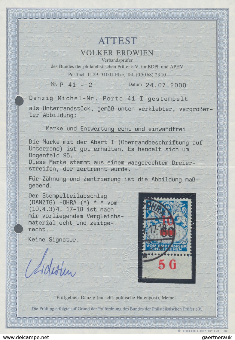 Danzig - Portomarken: 1932, 10 Auf 60 Pfg. Dunkelkobalt, Unterrandstück Mit Oberrandbeschriftung "5 - Altri & Non Classificati