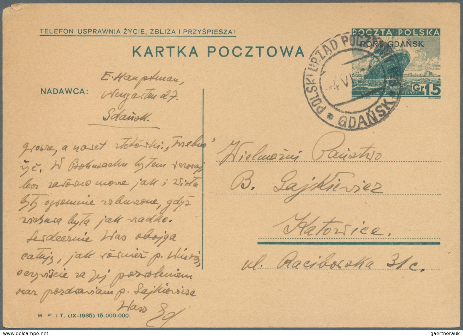 Danzig - Polnische Post (Port Gdansk): 1936, 15 Gr. Aufdruck-Ganzsachenkarte Bedarfsgebraucht Aus "G - Other & Unclassified