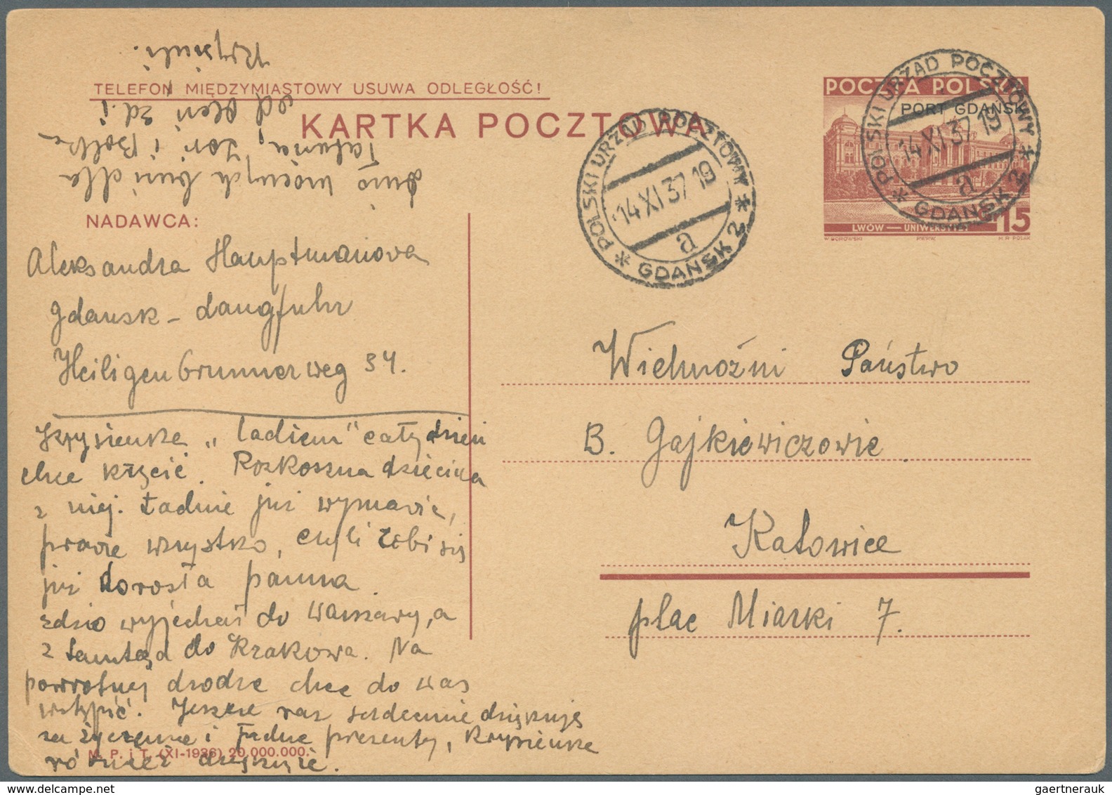 Danzig - Polnische Post (Port Gdansk): 1937, 15 Gr. Aufdruck-Ganzsachenkarte Bedarfsgebraucht Aus "G - Altri & Non Classificati