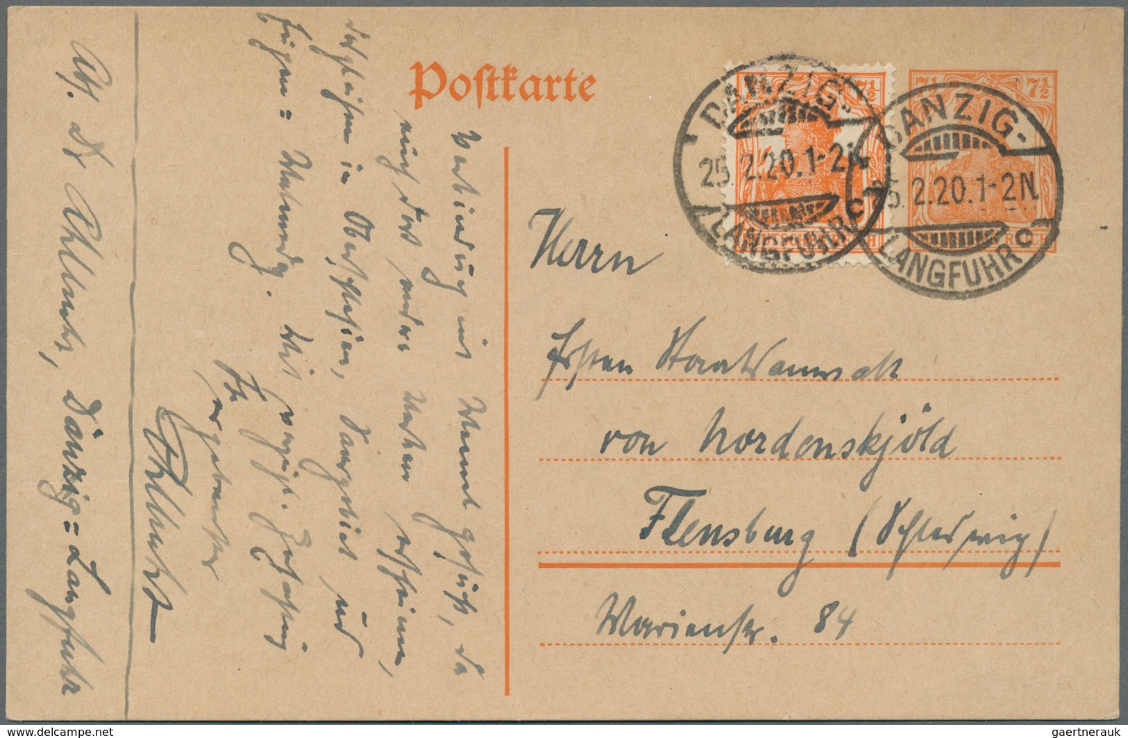 Danzig - Ganzsachen: 1920, Deutsches Reich Ganzsachenkarte 7 1/2 Pfg. Mit Portogerechter Zufrankatur - Altri & Non Classificati
