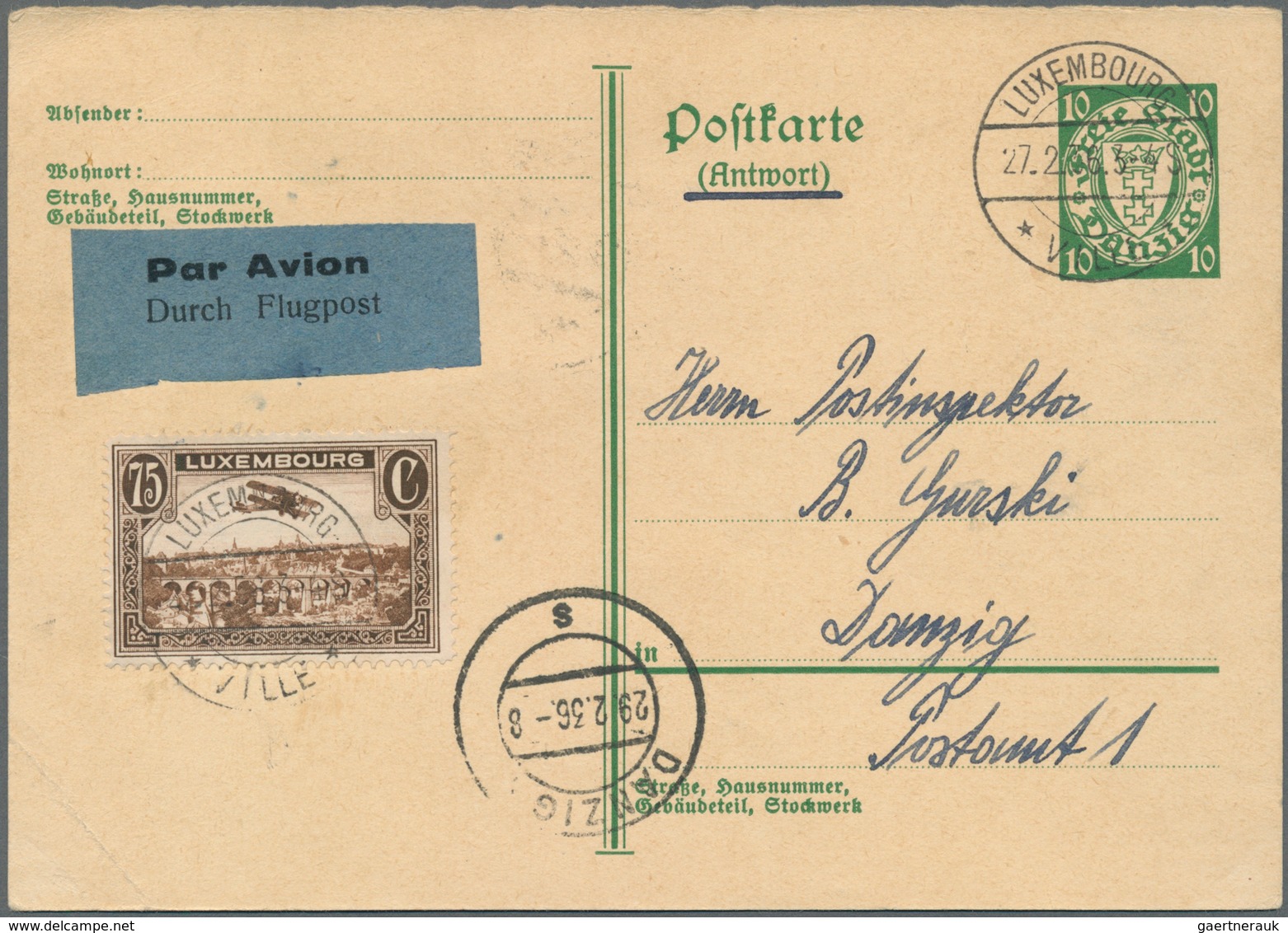 Danzig - Ganzsachen: 1928, 10 Pfg. Antwort-Ganzsachenkarte Mit Zufrankatur Luxemburg 75 C. Flugpost - Altri & Non Classificati