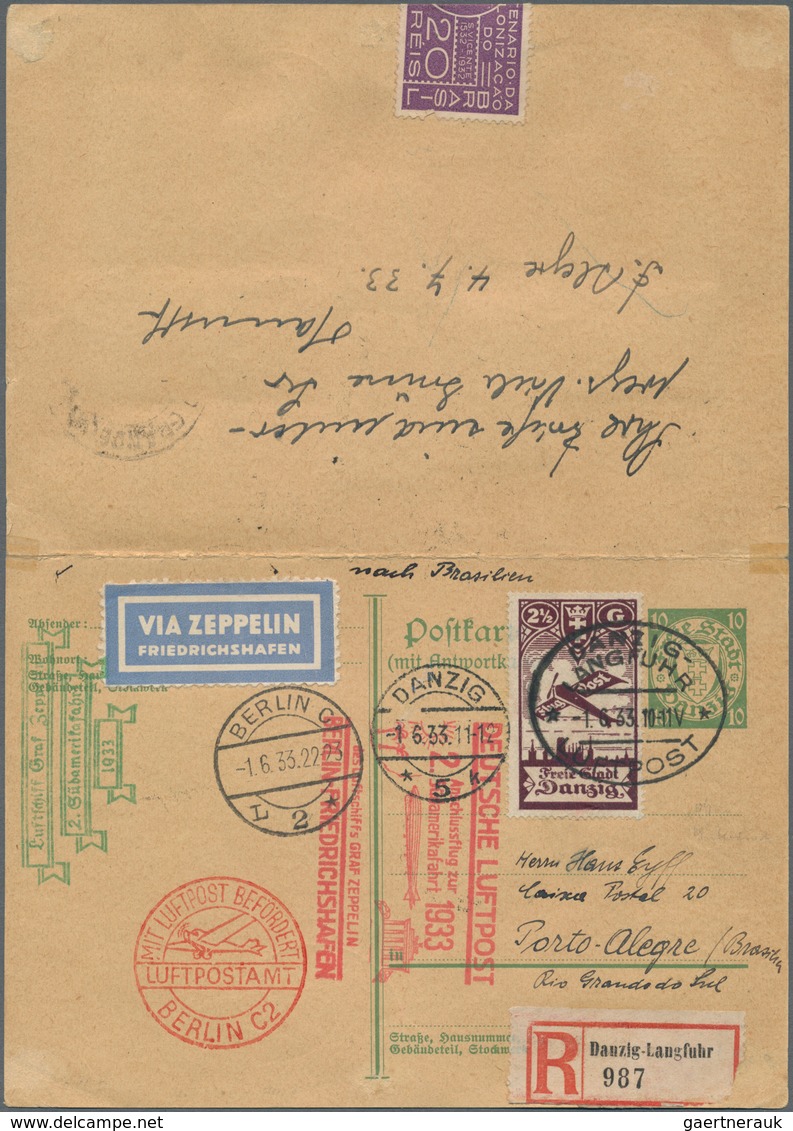 Danzig - Ganzsachen: 1933. Doppelkarte 10+10 Pf Wappen Als Anschlussflug Zur 2. SAF Ab Berlin Nach P - Other & Unclassified