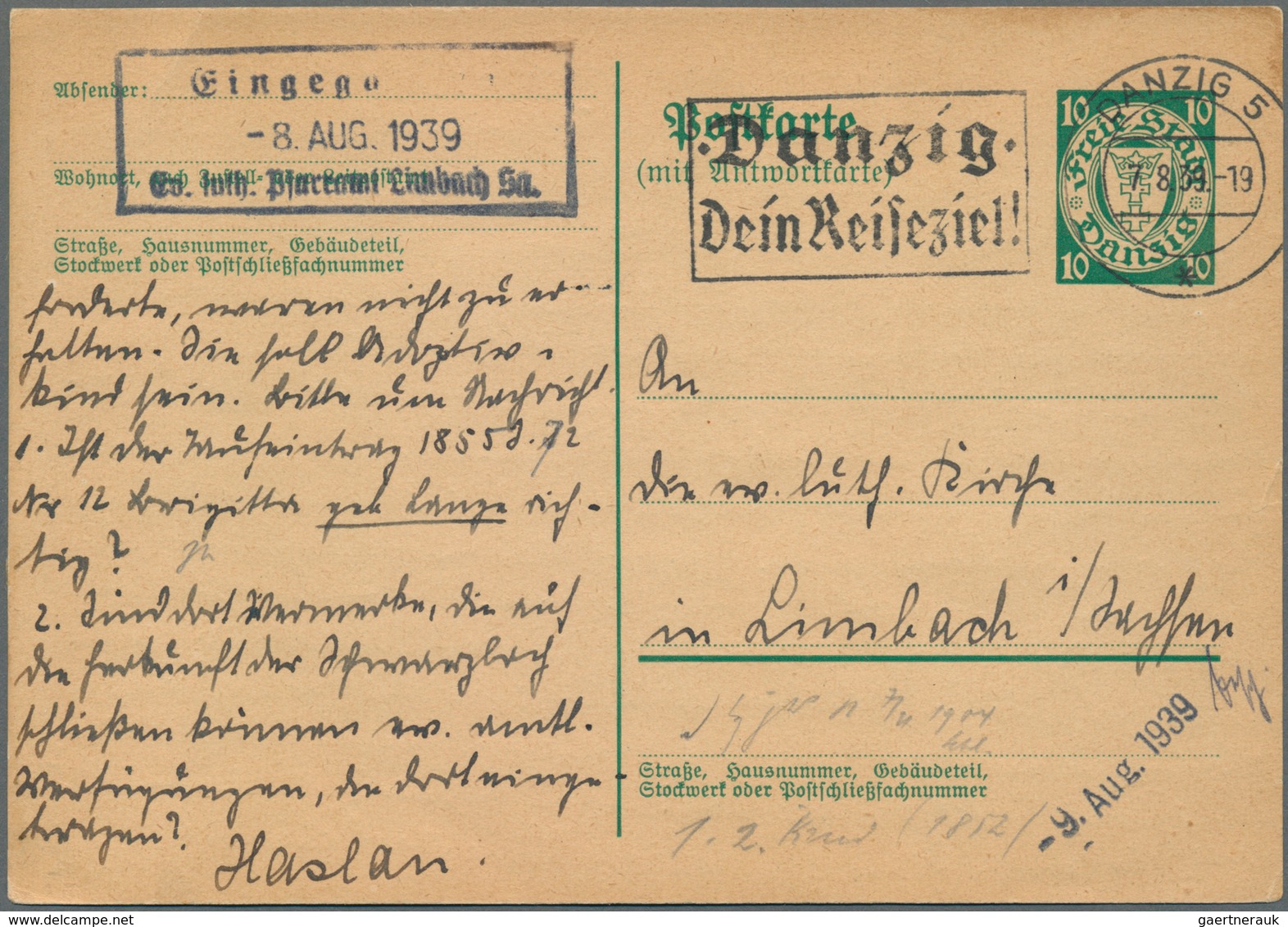 Danzig - Ganzsachen: 1937, 10 Pfg. Frage-Ganzsachenkarte Bedarfsgebraucht Aus "DANZIG 5 7.8.39" Mit - Altri & Non Classificati