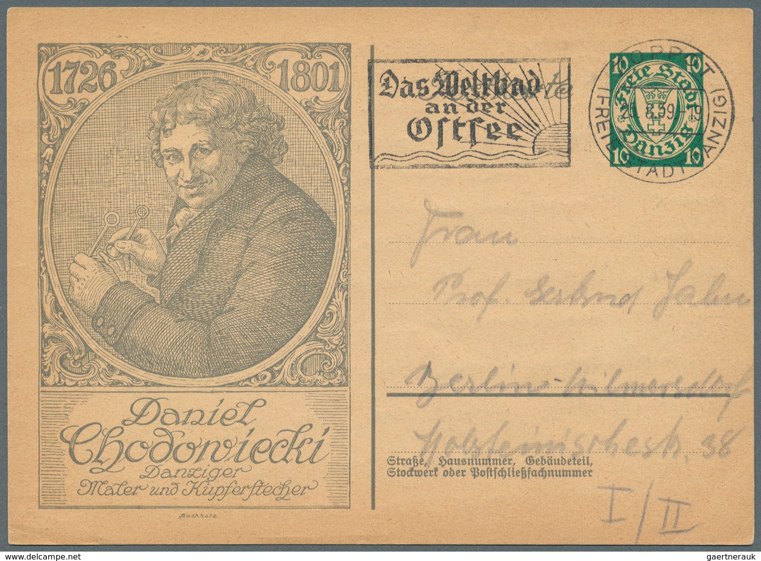 Danzig - Ganzsachen: 1939, Postkarte 10 Pf Blaugrün Wappen, Vs. Links Abb. "Chodowiecki", Gebraucht - Altri & Non Classificati