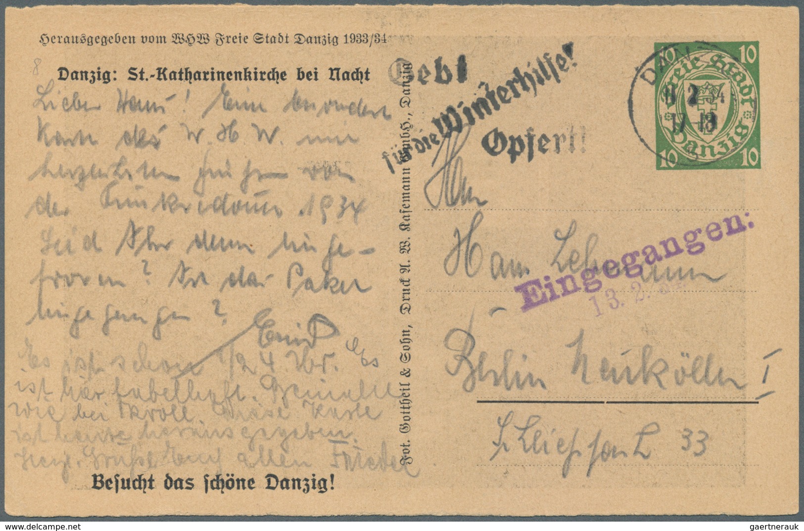 Danzig - Ganzsachen: 1934, 10 Pfg. WHW-Sonderganzsachenkarte Mit Abb. "Danzig: St.-Katharienkirche B - Altri & Non Classificati