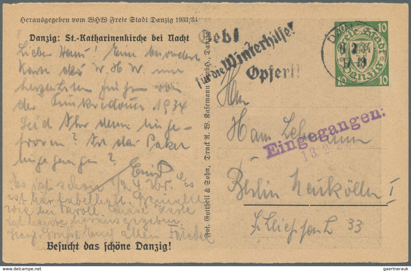 Danzig - Ganzsachen: 1934, 10 Pfg. WHW-Sonderganzsachenkarte Mit Abb. "Danzig: St.-Katharienkirche B - Other & Unclassified