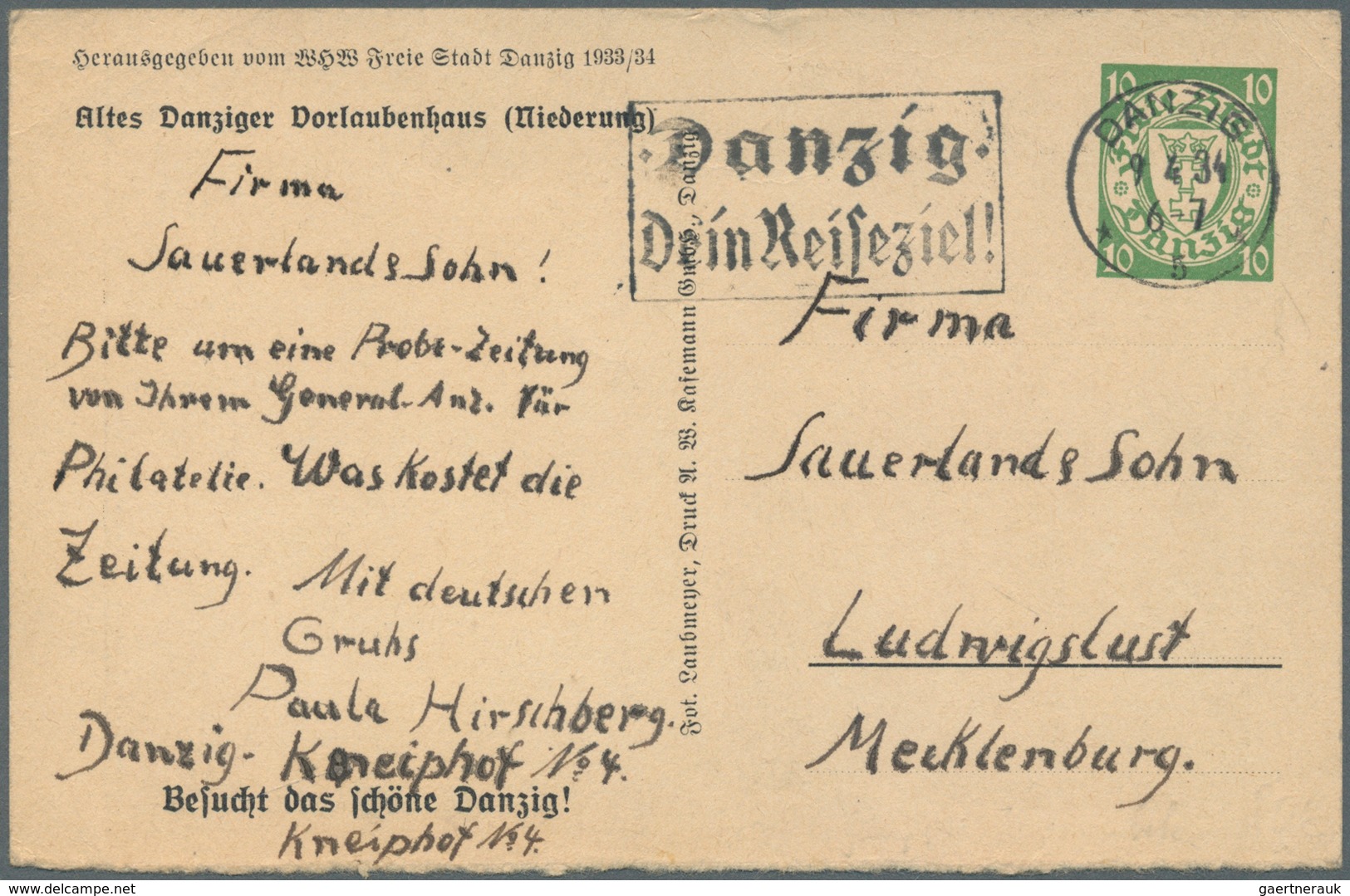 Danzig - Ganzsachen: 1934, 10 Pfg. WHW-Sonderganzsachenkarte Mit Abb. "Altes Danziger Vorlaubenhaus - Altri & Non Classificati