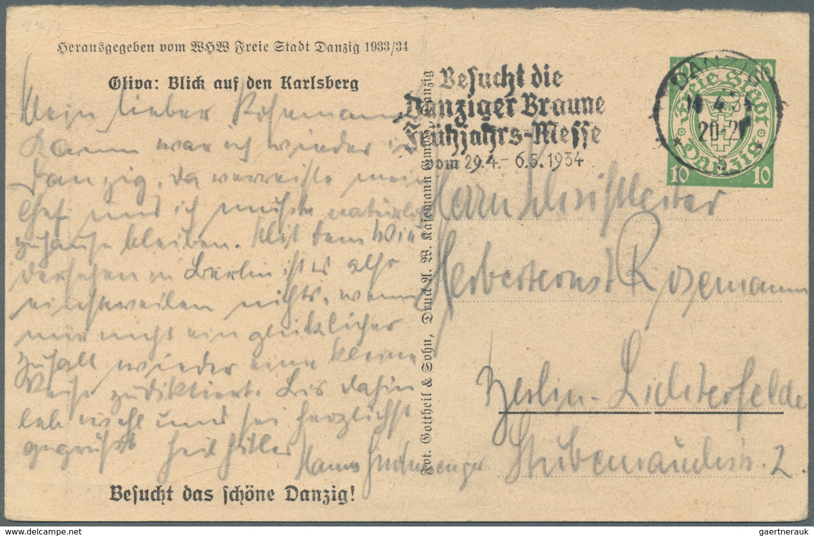 Danzig - Ganzsachen: 1934, 10 Pfg. WHW-Sonderganzsachenkarte Mit Abb. "Oliva: Blick Auf Den Karlsber - Other & Unclassified