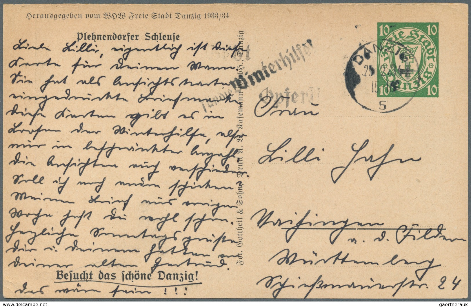 Danzig - Ganzsachen: 1934, 10 Pfg. WHW-Sonderganzsachenkarte Mit Abb. "Plehnendorfer Schleuse", Beda - Altri & Non Classificati