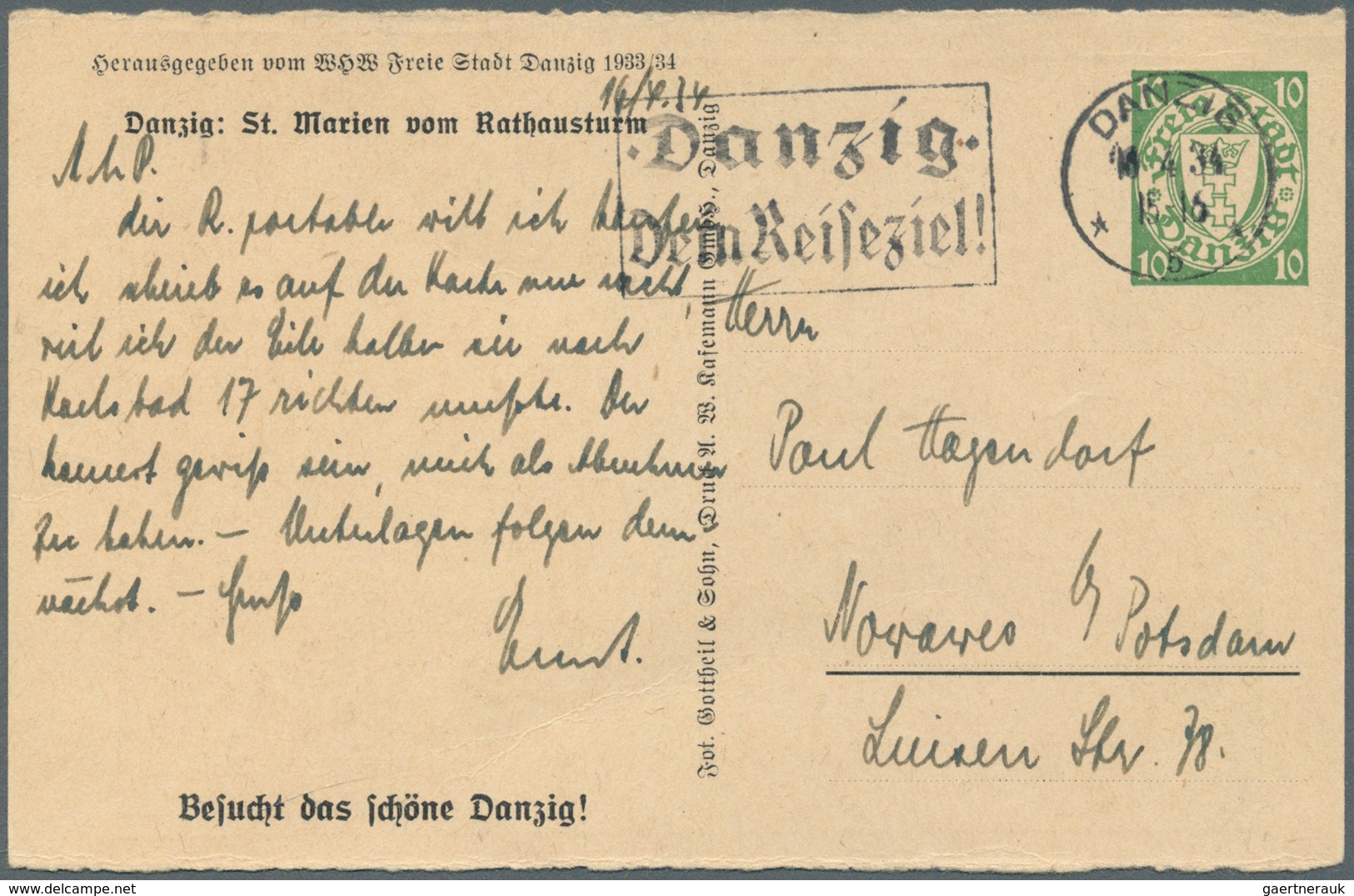 Danzig - Ganzsachen: 1934, 10 Pfg. WHW-Sonderganzsachenkarte Mit Abb. "Danzi: St. Marien Vom Rathaus - Altri & Non Classificati