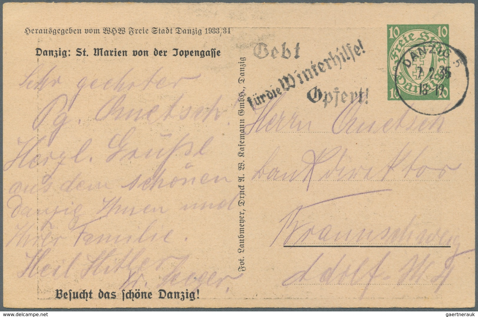 Danzig - Ganzsachen: 1934, 10 Pfg. WHW-Sonderganzsachenkarte Mit Abb. "Danzig: St. Marien Von Der Jo - Altri & Non Classificati