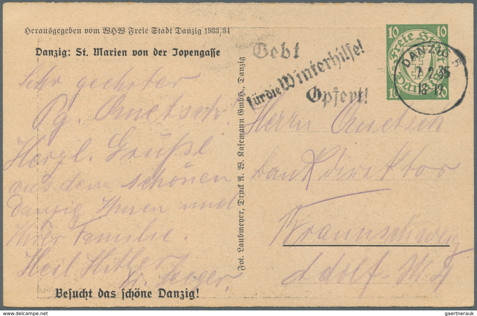 Danzig - Ganzsachen: 1934, 10 Pfg. WHW-Sonderganzsachenkarte Mit Abb. "Danzig: St. Marien Von Der Jo - Other & Unclassified