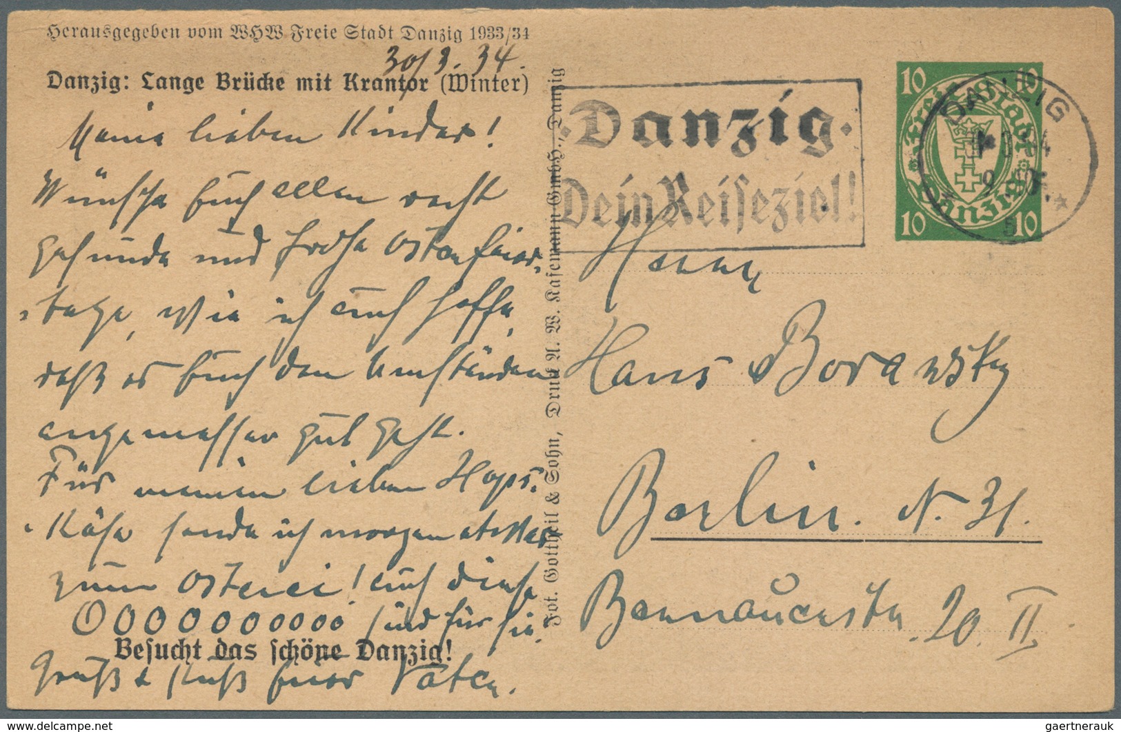 Danzig - Ganzsachen: 1934, 10 Pfg. WHW-Sonderganzsachenkarte Mit Abb. "Danzig: Lange Brücke Mit Kran - Altri & Non Classificati