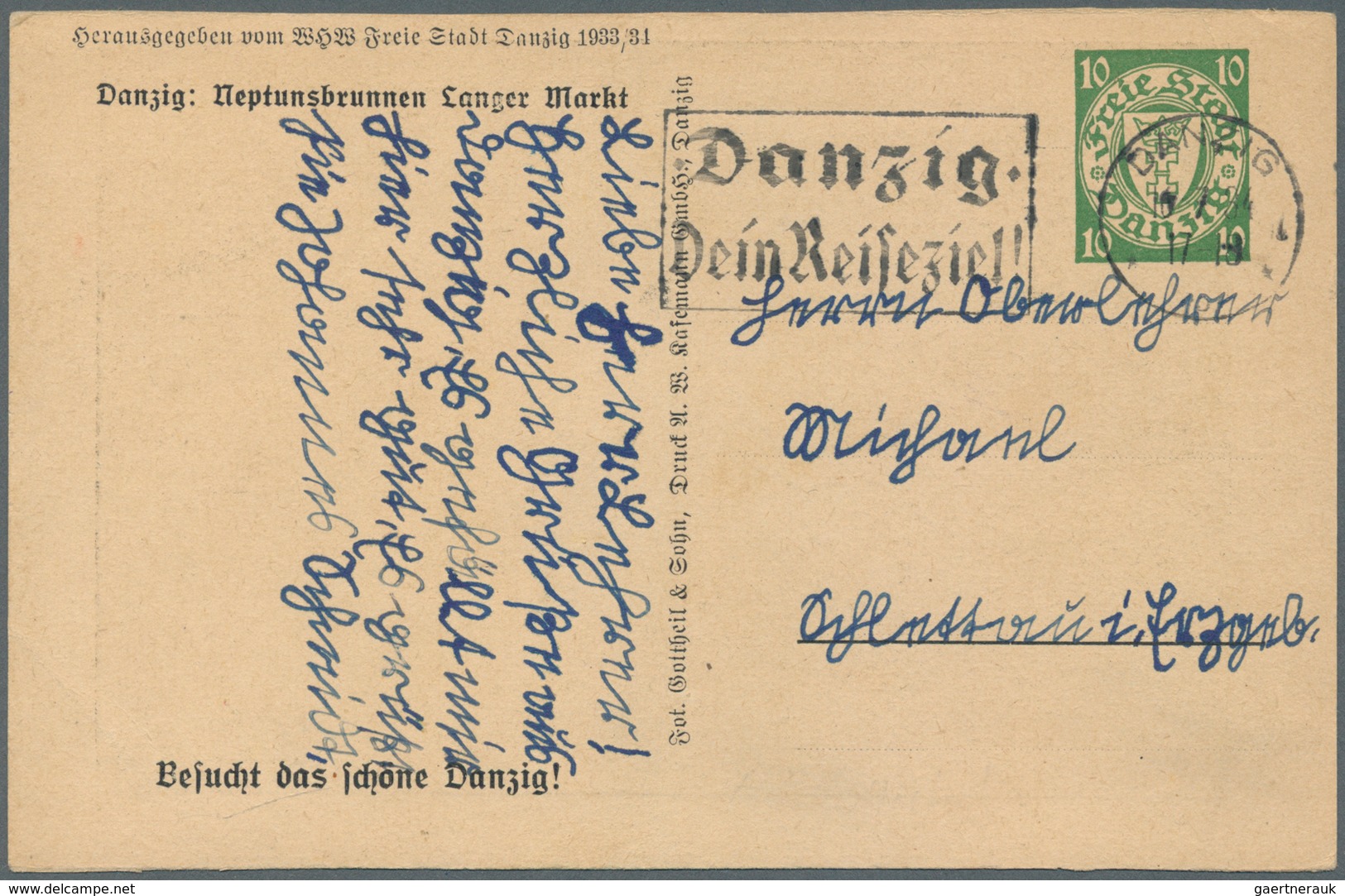 Danzig - Ganzsachen: 1934, 10 Pfg. WHW-Sonderganzsachenkarte Mit Abb. "Danzig: Neptunbrunnen Langer - Altri & Non Classificati