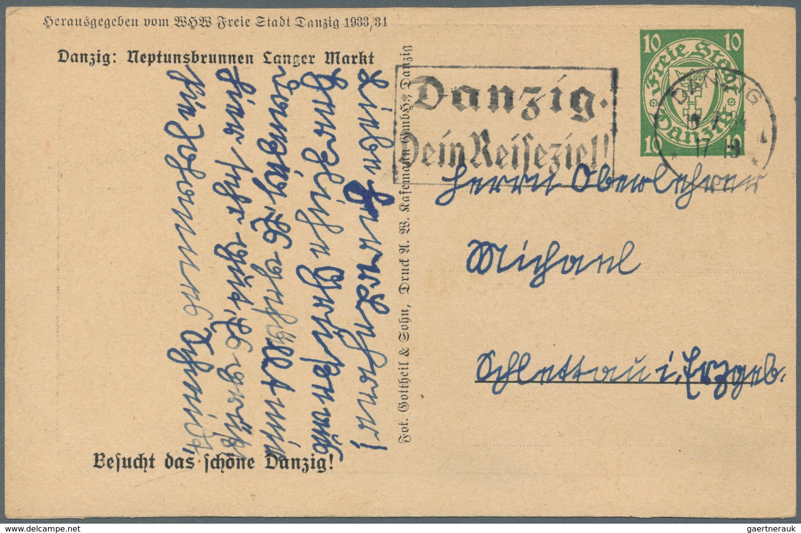 Danzig - Ganzsachen: 1934, 10 Pfg. WHW-Sonderganzsachenkarte Mit Abb. "Danzig: Neptunbrunnen Langer - Other & Unclassified