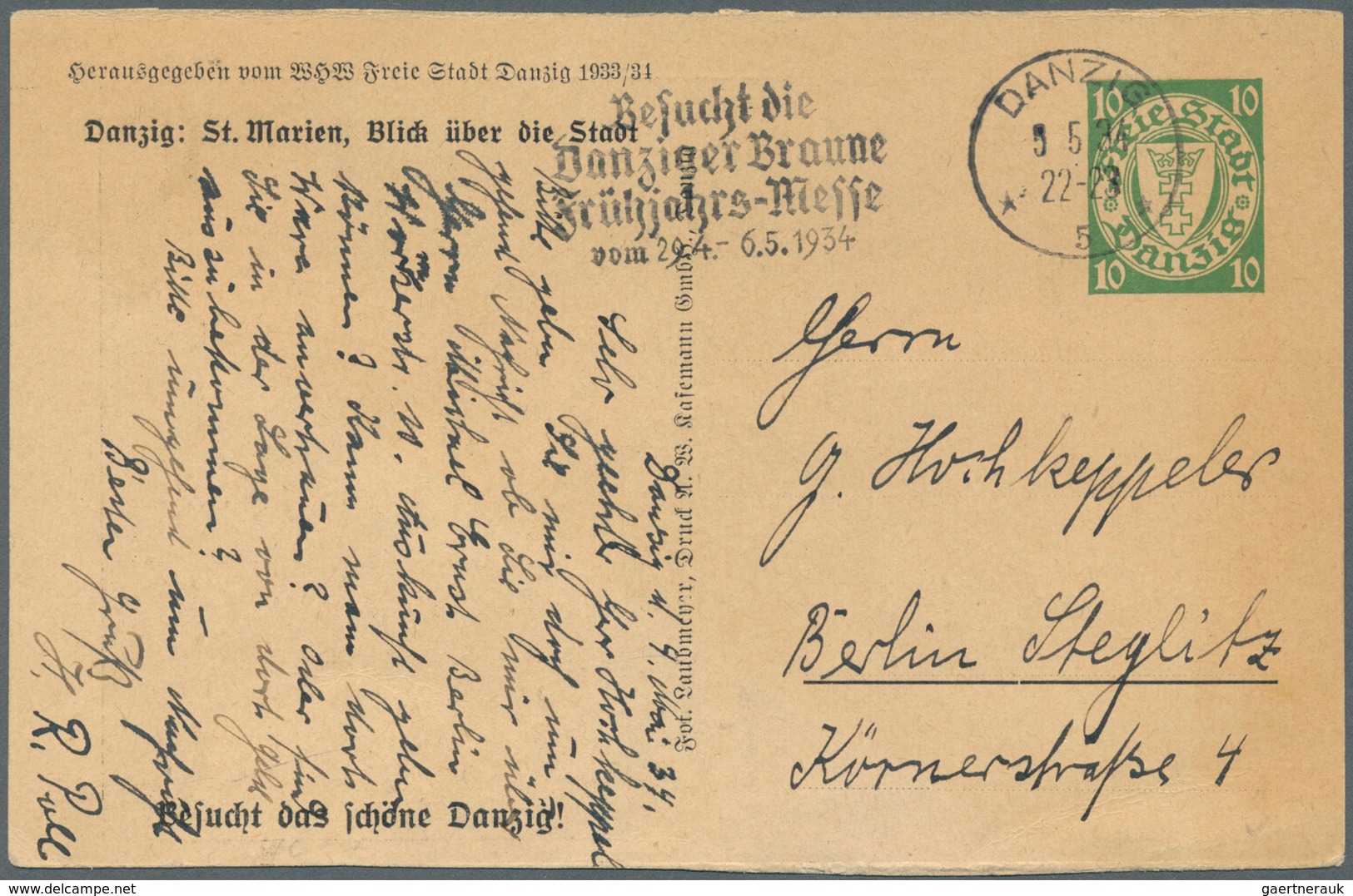 Danzig - Ganzsachen: 1934, 10 Pfg. WHW-Sonderganzsachenkarte Mit Abb. "Danzg: St. Marien, Blick über - Other & Unclassified
