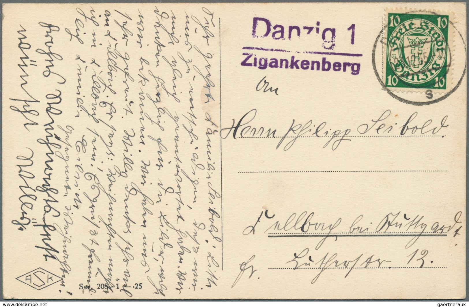 Danzig - Stempel: "Danzig 1 Zigankenberg", Violetter L2 Klar Auf Bedarfsgebrauchter Postkarte Aus "D - Altri & Non Classificati