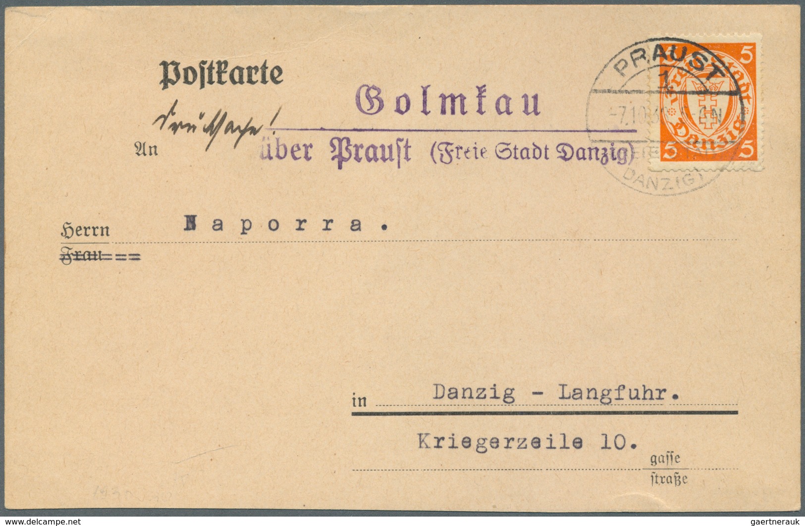 Danzig - Stempel: "Golmkau über Praust (Freie Stadt Danzig)", Violetter L2 Klar Auf Postkarte Ohne T - Altri & Non Classificati
