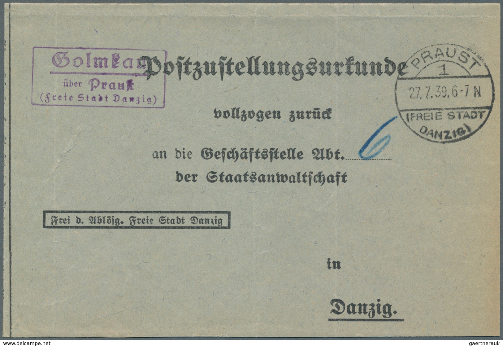 Danzig - Stempel: "Golmkau über Praust (Freie Stadt Danzig)", Violetter L2 Klar Auf Postkarte Ohne T - Altri & Non Classificati