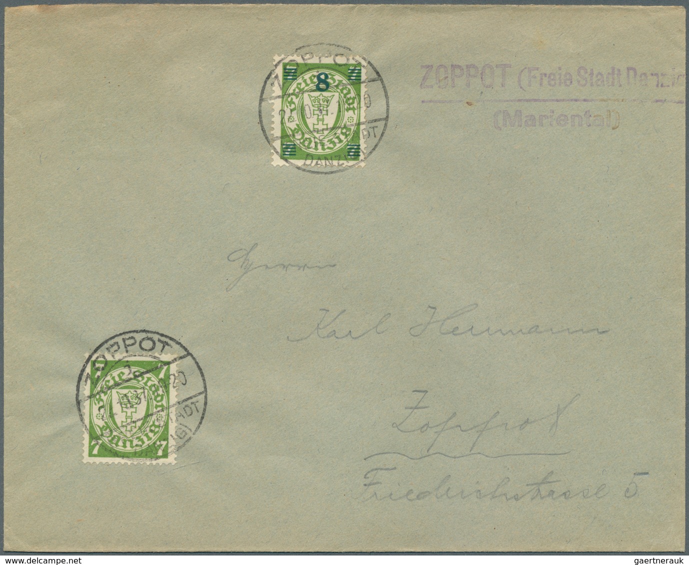 Danzig - Stempel: "ZOPPOT (Freie Stadt Danzig)/ (Mariental)", Violetter L2 Auf Umschlag Mit 7 Pfg. U - Altri & Non Classificati