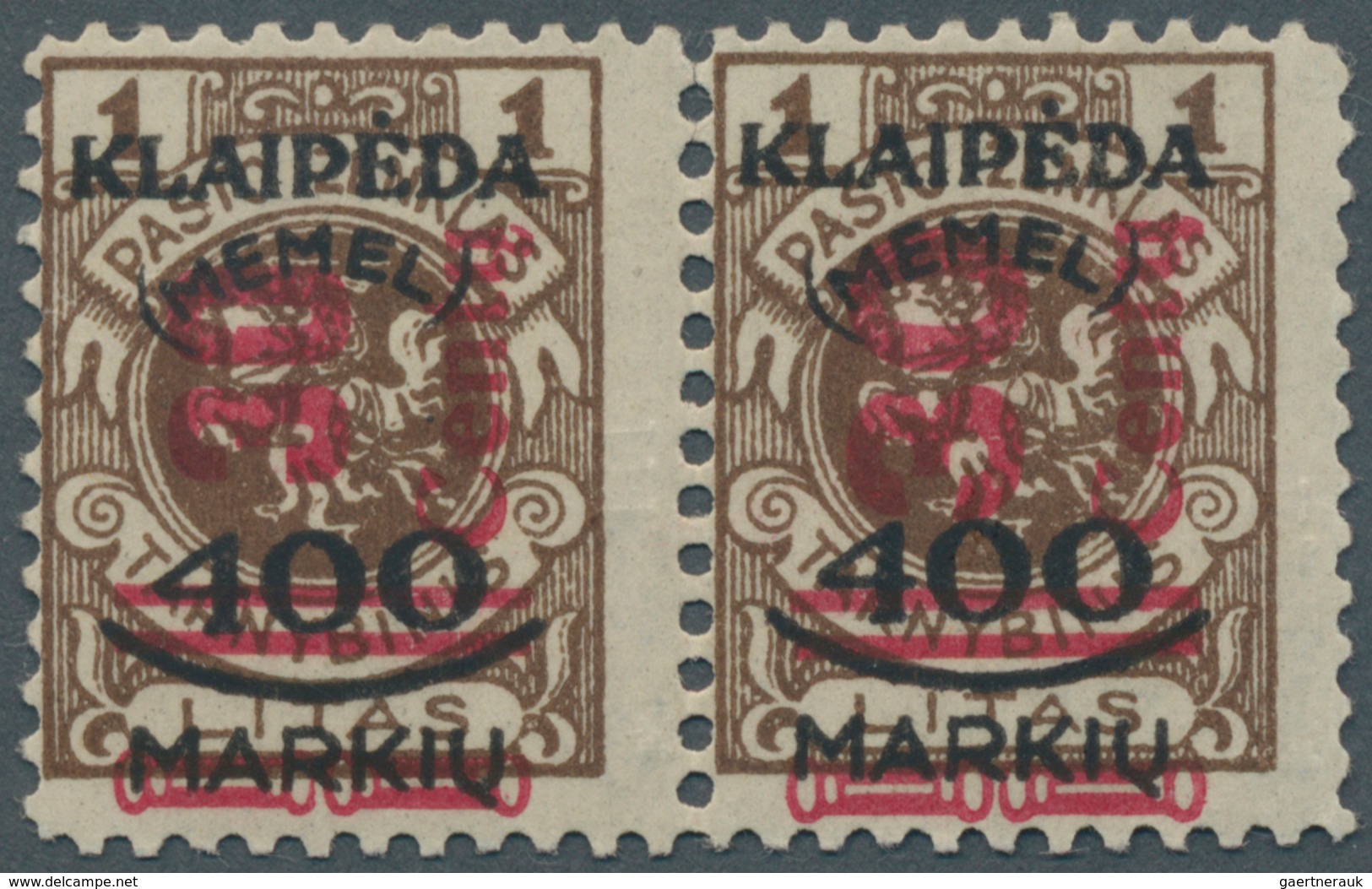 Memel: 1923, 30 C. Auf 400 M. Auf 1 L. Braun Im Waagerechten Paar Mit Aufdruck In Type II Und III, U - Memel (Klaipeda) 1923
