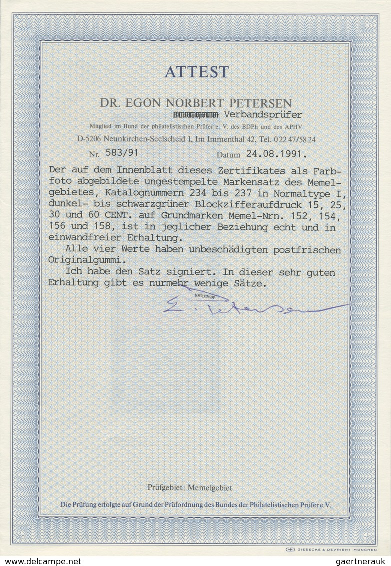 Memel: 1923, 15 C. Bis 60 C. Grünaufdruck, Aufdrucktype I, Kompletter Postfrischer Kabinettsatz, Dab - Memel (Klaipeda) 1923
