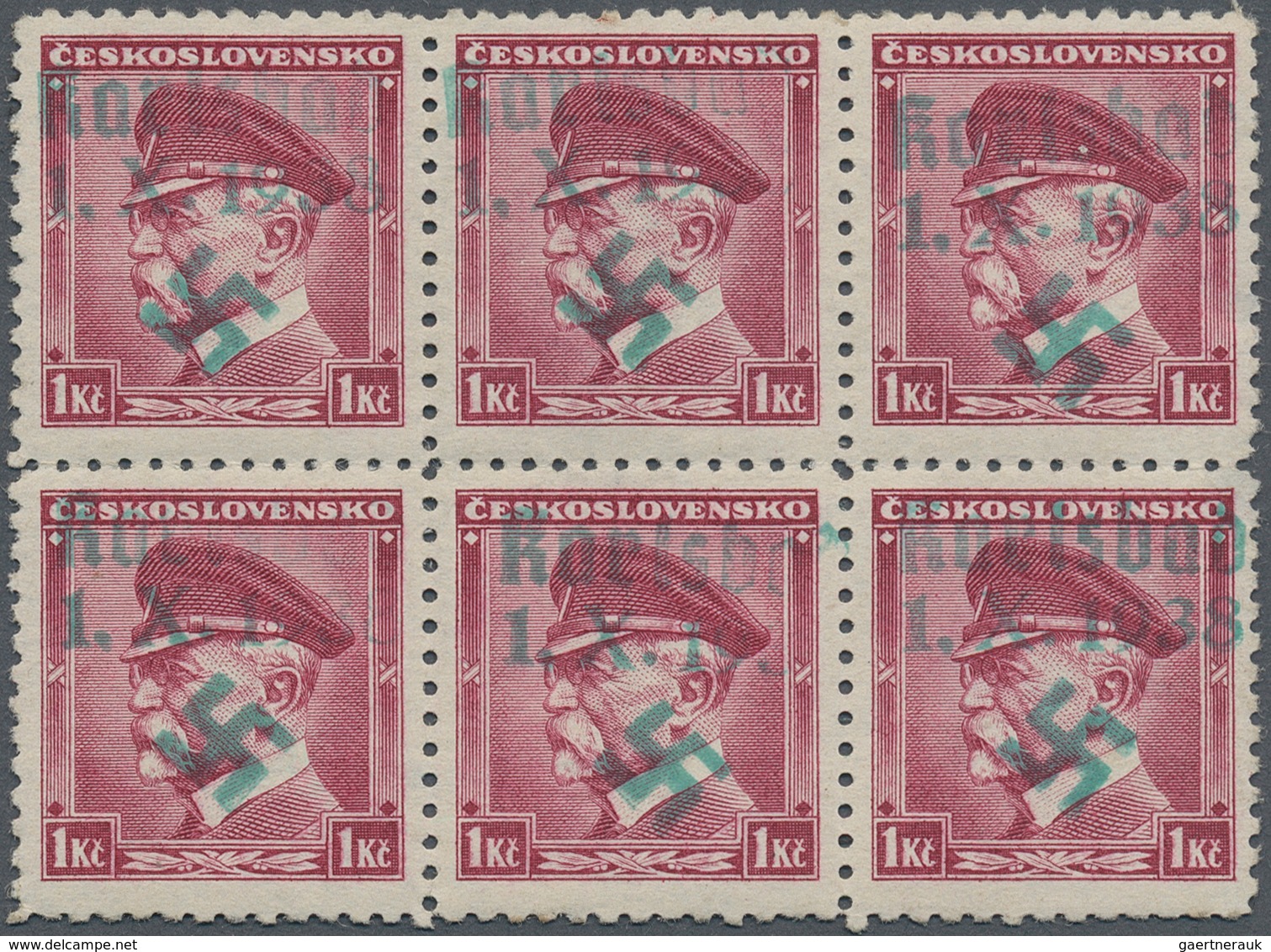 Sudetenland - Karlsbad: 1938, Freimarke 1 Kr. Im Ungebrauchten Sechserblock Mit Lebhaftblaugrünem Ha - Sudetenland
