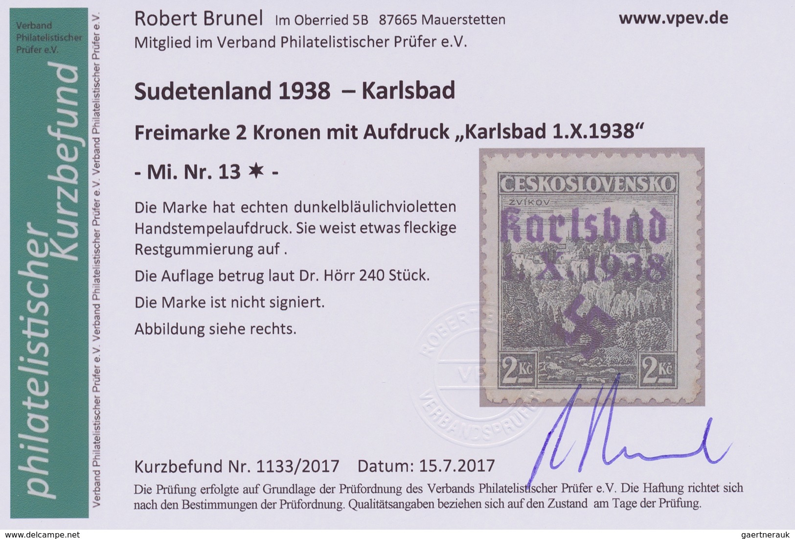 Sudetenland - Karlsbad: 1938, Freimarke 2 Kronen Mit Dunkelbläulichviolettem Handstempelaufdruck "Ka - Sudetenland