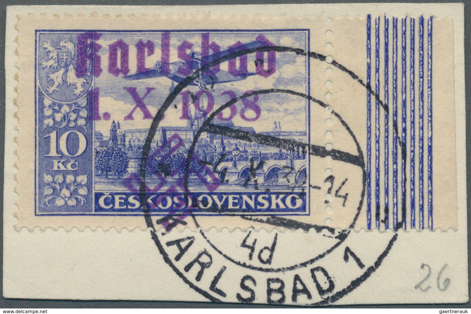 Sudetenland - Karlsbad: Flugpostmarke 10 Kč Lilaultramarin, Vom Rechten Bogenrand, Zähnung L 13¾, Mi - Sudetenland