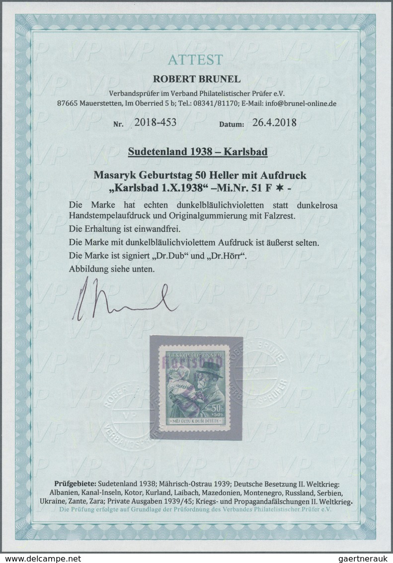 Sudetenland - Karlsbad: Gedenkausgabe "88. Geburtstag Von Thomáš Garrigue Masaryk" 50 H Opalgrün, Mi - Sudetenland
