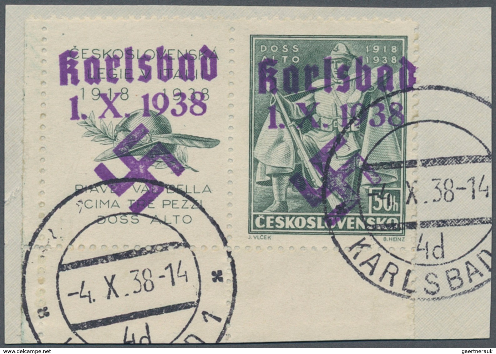 Sudetenland - Karlsbad: 1938, Legionäre 'Doss Alto' 50 H. Mit Links Anhängendem Zierfeld, Dunkelblau - Sudetenland