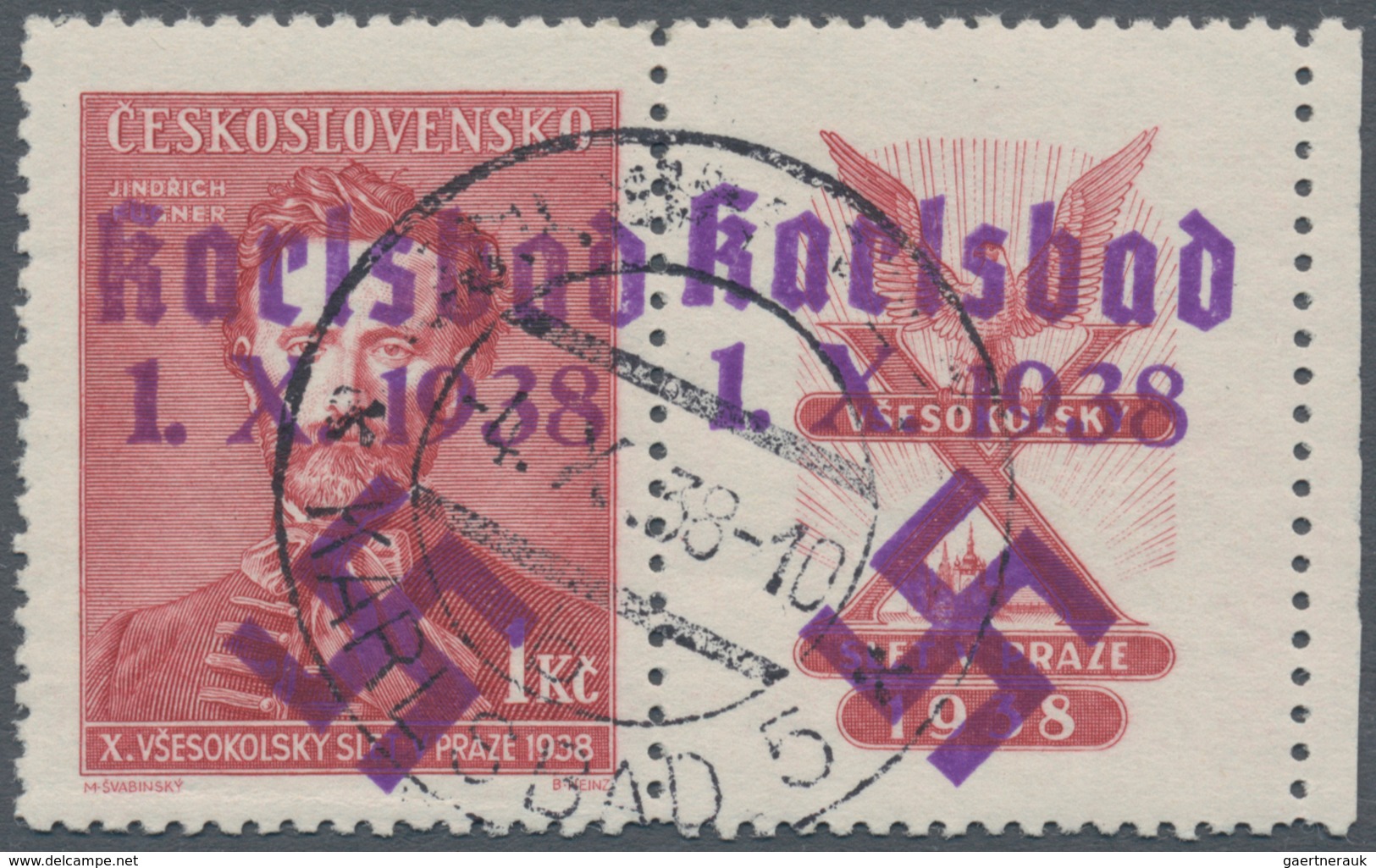 Sudetenland - Karlsbad: 1938, 1 Kc. Fügner Mit überdrucktem Zierfeld Rechts Mit Bogenrand, Sauber Ge - Sudetenland