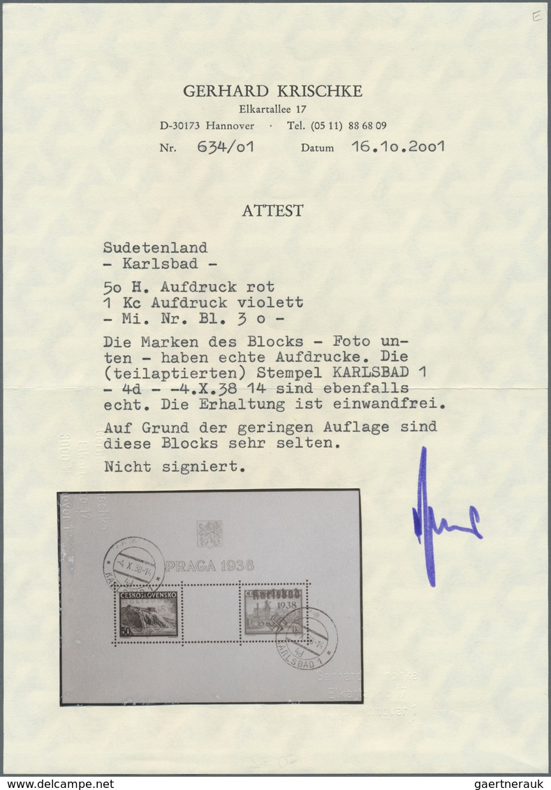 Sudetenland - Karlsbad: Blockausgabe "Briefmarkenausstellung PRAGA 1938", Mit Handstempelaufdruck "K - Sudetes