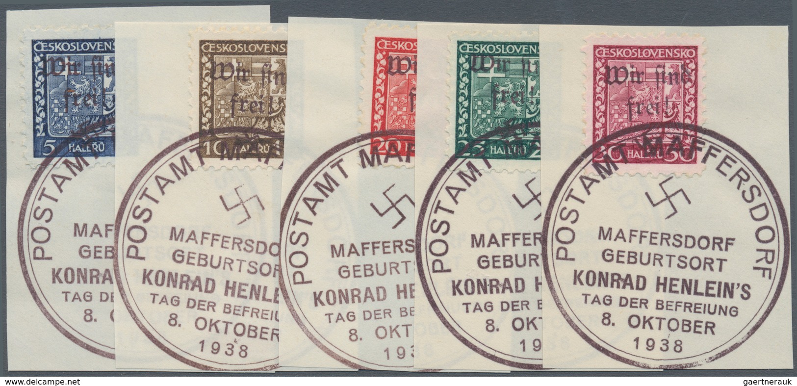 Sudetenland - Maffersdorf: 1938, 5 H.-30 H. Stadtwappen Kpl. Auf Fünf Briefstücken, Tadellos, Sign. - Sudetes