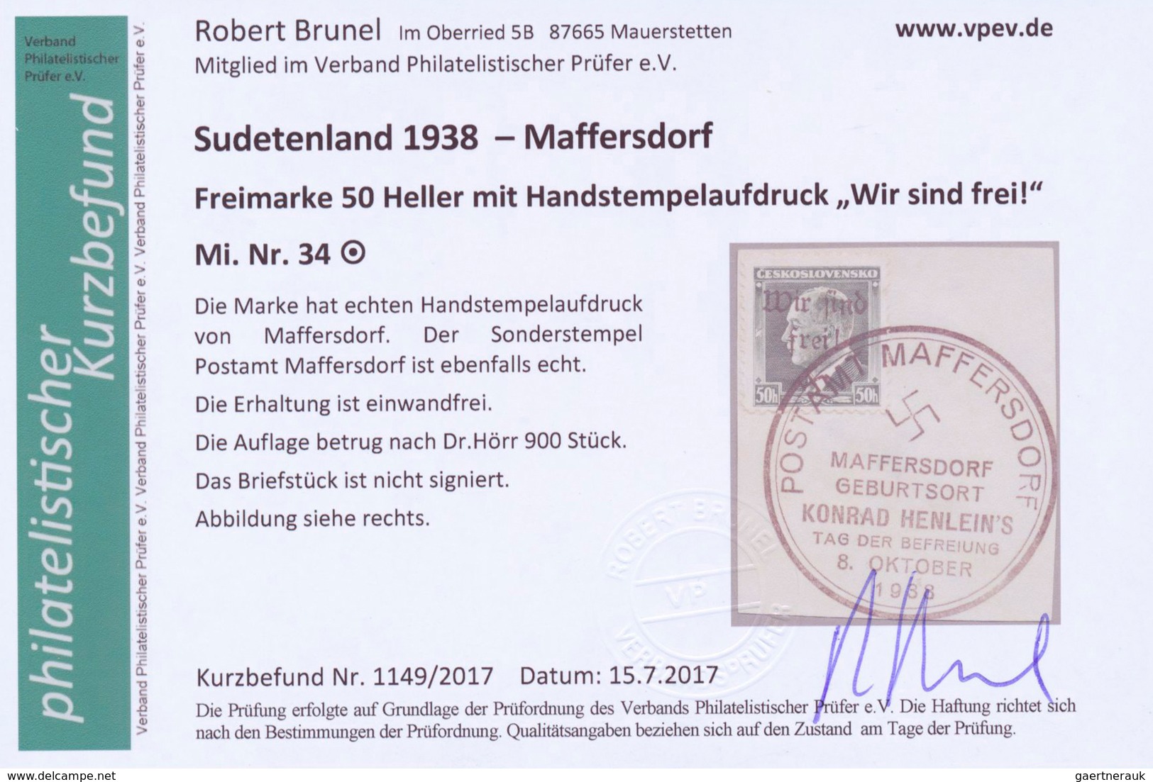 Sudetenland - Maffersdorf: 1938, Mi.Nr. 14, 29, 31-34, 6 Werte auf Briefstück sowie Nr. 23 auf AK (G